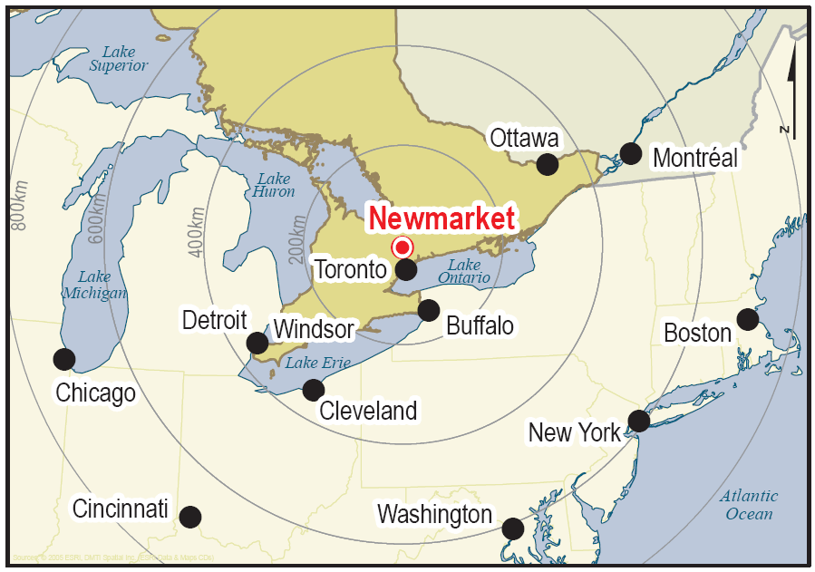 A map of the location of Newmarket.