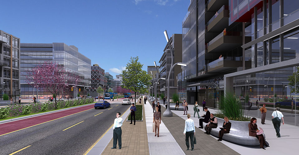 boulevard with wide sidewalk, pedestrians, and buildings on either side