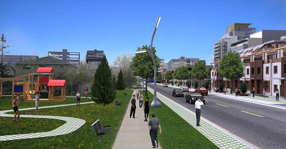 sidewalk with pedestrians and a park on the left